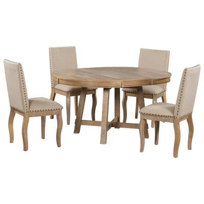 5 PCS Round Wood Extendable Dining Table Set With 4 Upholstered Dining Chairs-ModernLuxe - Image 7