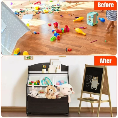 Costway Kids Wooden Toy Storage Unit Organizer W/Rolling Toy Box & Plastic Bins NaturalEspresso - Image 9