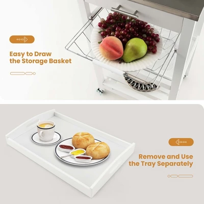 Costway Compact Kitchen Island Cart Rolling Service Trolley With Stainless Steel Top Basket - Image 8