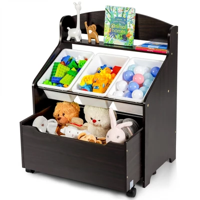 Costway Kids Wooden Toy Storage Unit Organizer W/Rolling Toy Box & Plastic Bins NaturalEspresso - Image 10