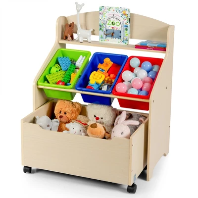 Costway Kids Wooden Toy Storage Unit Organizer W/Rolling Toy Box & Plastic Bins NaturalEspresso - Image 11
