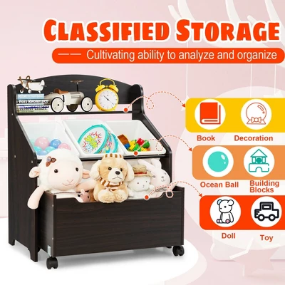 Costway Kids Wooden Toy Storage Unit Organizer W/Rolling Toy Box & Plastic Bins NaturalEspresso - Image 4