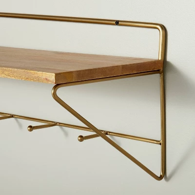 24" Wood & Brass Wall Shelf With Hooks - Hearth & Hand™ With Magnolia - Image 2